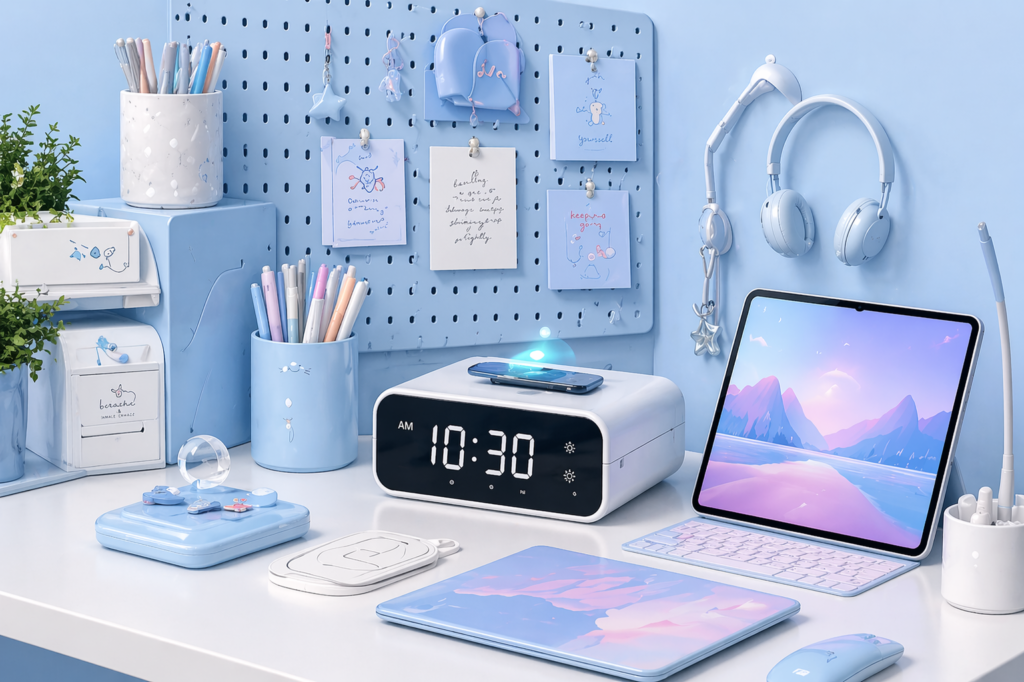 Minimal blue workspace with desk organizer, digital clock charger and aesthetic accessories Pastel desk setup with stationery holder, wireless charging clock and modern gadgets Aesthetic study desk with organizer, tablet and LED clock in soft blue theme Clean pastel workspace featuring desk accessories, tech gadgets and stationery items Modern aesthetic desk setup with wireless charger clock and productivity tools