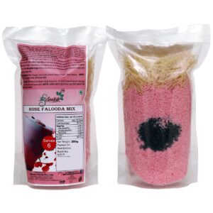 Instant faluda premix powder for creamy dessert drink Royal falooda glass with ice cream and toppings Rose faluda drink aesthetic presentation India Falooda ingredients layered dessert close up Faluda premix packaging ready to use dessert mix